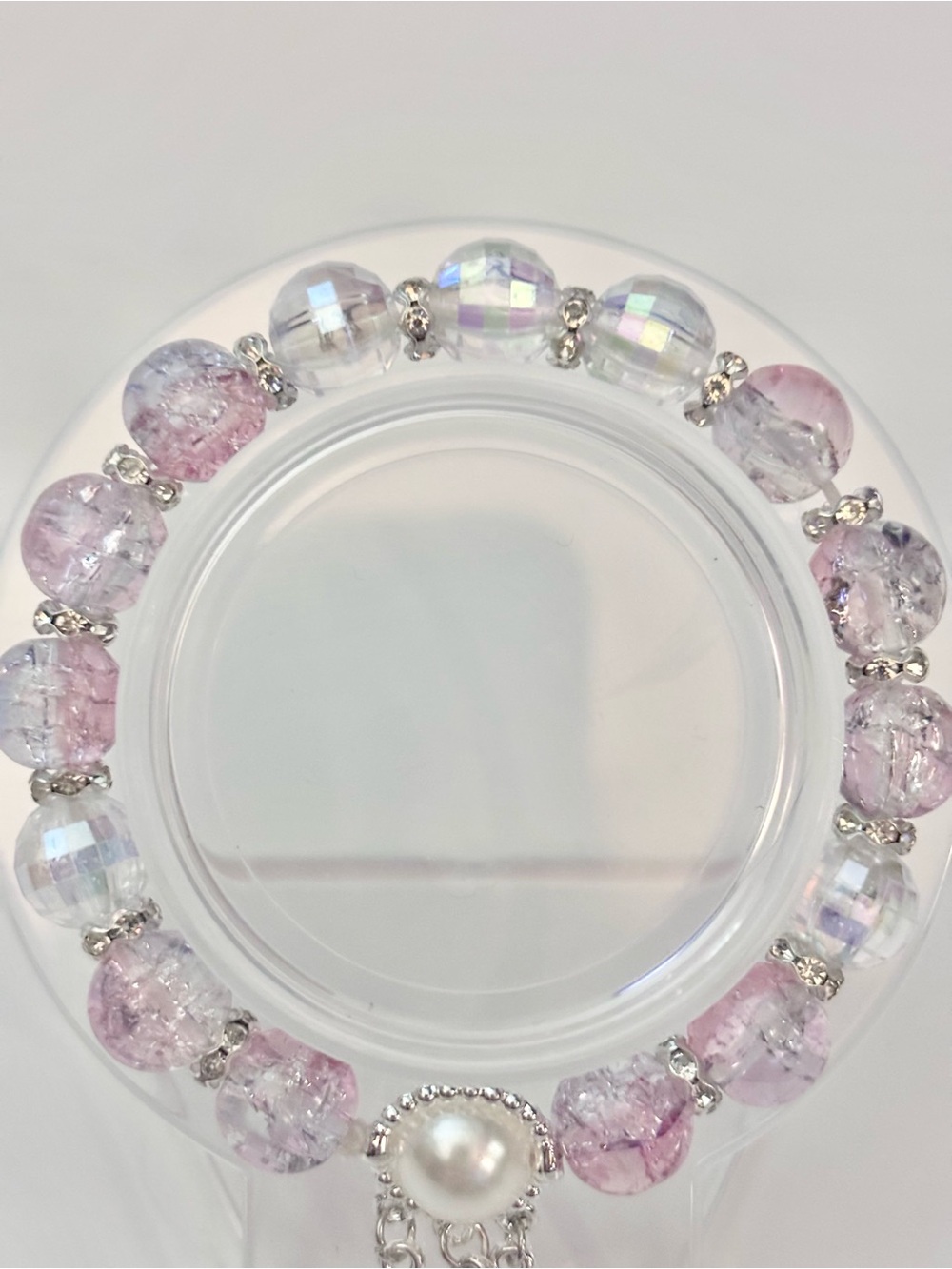 Silver Feather Pearl Charm Bracelet with Pink and Clear Beads - Picture 3 of 5